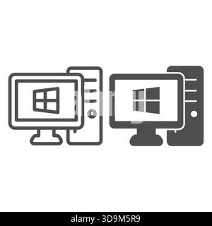 Personal computer with windows line and solid icon, windows pack concept. Vector graphics. Monitor and system unit, desktop sign on white background, Stock Vector
