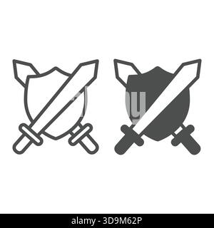 Two medieval swords and shield line and solid icon, city museum concept. Vector graphics. Shield with blades, historical items sign on white backgroun Stock Vector