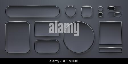 Sleek Dark UI Elements Glass Buttons and Frames. Modern glossy shapes for web and app interfaces with a neumorphic design. Vector illustration Stock Vector