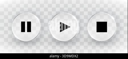 Sleek glass media player buttons with play, pause, and stop icons for modern UI design. Vector illustration. Stock Vector
