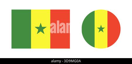 Senegal Flag icons. National Senegal flag round, rectangular badges. Flag of Senegal circle, rectangle button. Set of flag backgrounds. Standard color Stock Vector