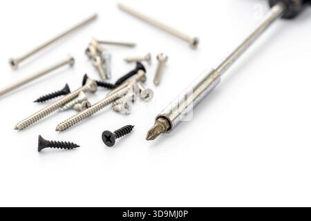 A collection of various screws scattered artistically on a white surface. A metal screwdriver is prominently featured, showcasing its blade. Stock Photo