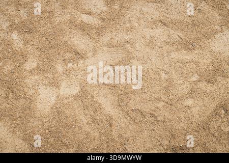 A dry sandy surface with fine and coarse grains, showing faint shoe prints that suggest recent human activity in a natural terrain. Stock Photo