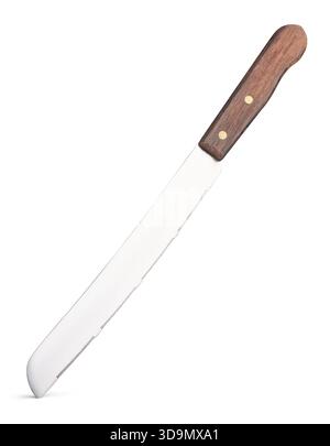 serrated bread knife with stainless steel blade and dark wooden handle isolated white background, kitchen utensil for cutting baked goods mockup Stock Photo