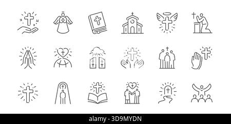Religion outline icons set. Prayer, faith, spiritual, biblical symbols. Worship concept. Vector illustration Stock Vector