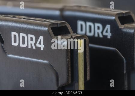 Macro image of DDR4 RAM sticks showing high-speed memory hardware used in desktops and servers. Stock Photo