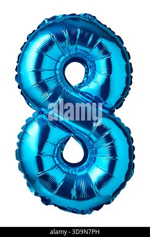 Number 8 blue balloon, numbers balloons isolated on white background festive decorations for anniversary, birthday, wedding Stock Photo