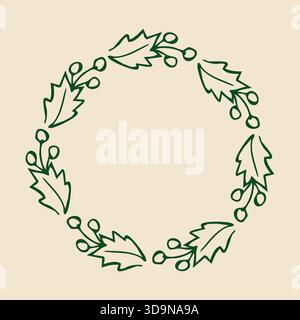 Round festive wreath with outline holly leaves and berries Stock Vector