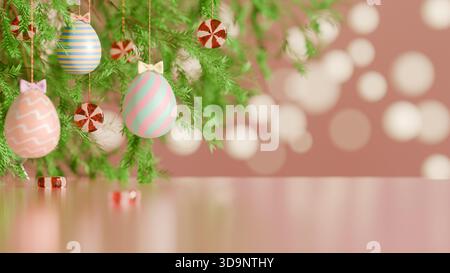 A green tree branch decorated with pastel Easter eggs and peppermint candies on a pink background. 3d rendering Stock Photo