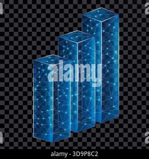 Stylized Data Visualization: 3D Bar Graphs with a Futuristic Network Design Reflecting Information Growth and Analytics Trends Stock Vector