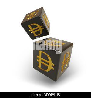 Black dice with dirham sign isolated on white background. 3d illustration. Stock Photo