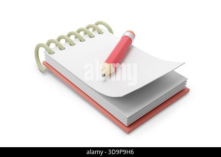 Cartoon-style notebook with graphite pencil isolated on white background. 3D illustration. Stock Photo