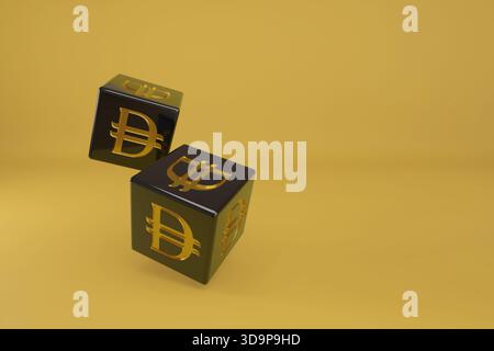 Black dice with dirham sign on yellow background. 3d illustration. Stock Photo