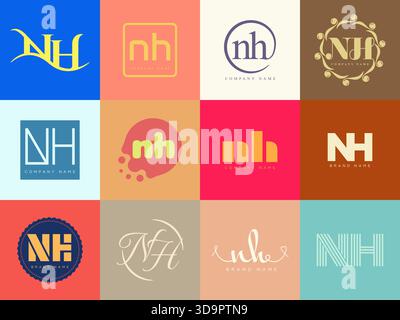 NH logo company template. Letter n and h logotype. Set different classic serif lettering and modern bold text with design elements. Initial font typog Stock Vector