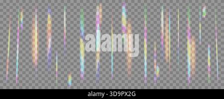 Vertical neon glowing lines and digital artifacts with glitch effect. Rainbow light leak overlay with colorful prism refraction streaks on a transpare Stock Vector