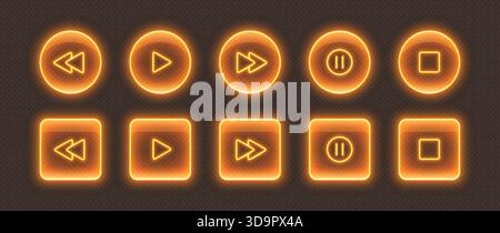 Neon media player buttons. Orange glowing glossy audio control icons. Interface elements Stock Vector