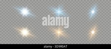 Set of transparent glowing star lens flare bursts and glowing sunburst effects. Bright white blue gold light, shine overlay. Editable vector illustrat Stock Vector