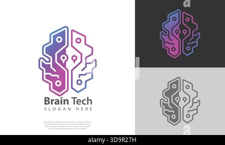 Digital brain circuit logo illustration shows an abstract neural network design with a vibrant gradient on a clean white background Stock Vector