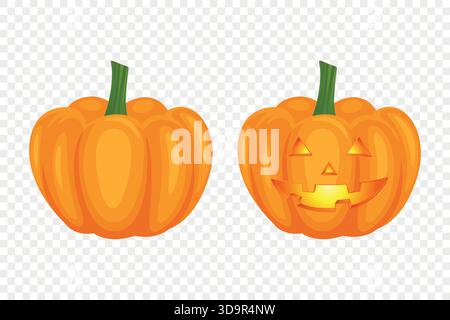 Vector Halloween Pumpkin Set with Carved Faces. Cute Cartoon Pumpkins Set. Colorful Halloween Stickers for Autumn Harvest, Fall Decoration Stock Vector