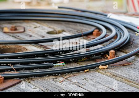 A thick multicore cable lies on wooden boards. The cut end reveals dozens of small insulated copper conductors in red, green, white, and yellow, some Stock Photo