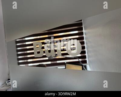 Glass office door with frosted stripes and the word Buero, german for office, in modern typography. Ideal for business, corporate design, workplace in Stock Photo