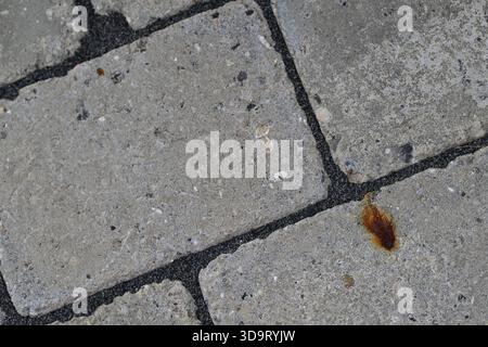 Close-up of a textured stone pavement with a small rust stain on one of the stones. The surface is uneven with visible cracks and small debris. Stock Photo