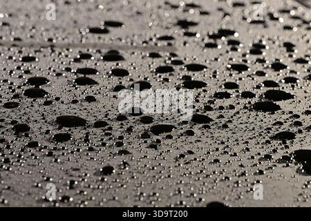 Close-up of water droplets on a dark surface, creating a textured pattern with reflections and highlights. Stock Photo