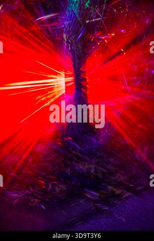 A vibrant and abstract image featuring a tree surrounded by colorful light rays in red and purple hues, creating a dynamic and energetic atmosphere. Stock Photo