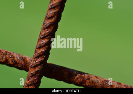 Close-up of rusty metal rods intersecting against a blurred green background, showcasing texture and decay. Stock Photo