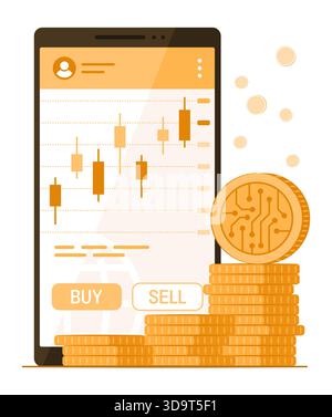 Digital Coin Asset and Smartphone with Financial Candlestick Chart for Online Investment and Trading in Cryptocurrency and Block Chain Concept Stock Vector