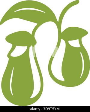 Stylized green pitcher plant with hanging insect-trapping cups and curved leaves, illustrated in a clean flat botanical vector style. Stock Vector