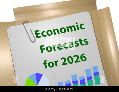 3D illustration of "Economic Forecasts for 2026" title on business document. Business concept. Stock Photo