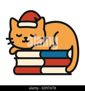 Sleeping Cat on Stack of Books Cute Kawaii Cartoon Vector Illustration for Education and Reading Theme Stock Vector
