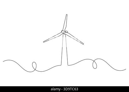 Wind turbine continuous one line drawing showing minimalist clean energy outline illustration Stock Vector