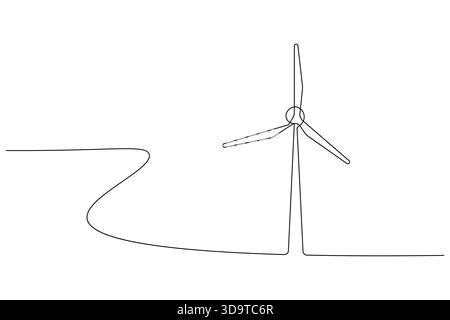Wind turbine continuous one line drawing showing minimalist clean energy outline illustration Stock Vector