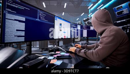 Man In Hoodie Caught Hacking Online Shop For Credit Card Fraud. Stock Photo