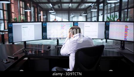 Stressed Accountant Feeling Frustrated While Working On Multiple Data Spreadsheets. Stock Photo