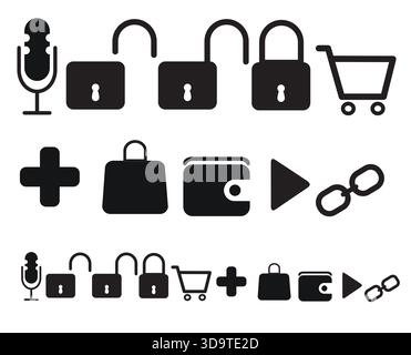 Mick, Lock, Wallet, Shopping, bag, Link, Medical and Play Icons Designs Stock Vector