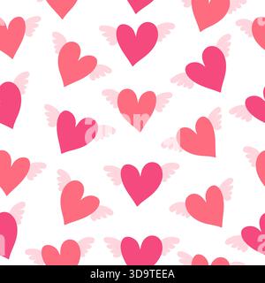 Seamless heart pattern for Valentines Day. Cute hearts with wings Stock Vector