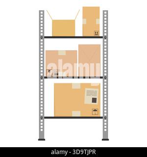 Warehouse shelving with labeled cardboard boxes. Package handling and storage concept Stock Vector