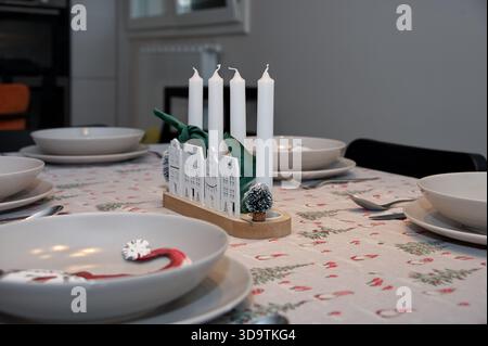 Table decorated for Christmas dinner Stock Photo