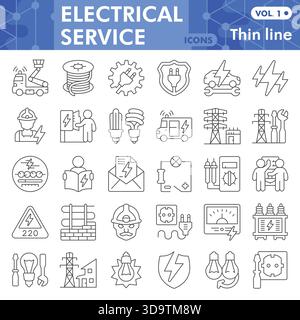 Electrical service symbols collection or sketches, electricity theme bar in thin line style signs for web and app. Vector graphics isolated on white b Stock Vector
