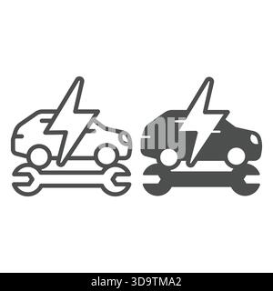 Car with lightning and wrench line and solid icon, electrical service concept. Vector graphics. Electrician vehicle, repair sign on white background, Stock Vector