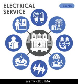 Electrical service symbols collection or sketches, electricity theme bubbles in glyph style signs for web and app. Vector graphics isolated on white b Stock Vector