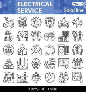 Electrical service symbols collection or sketches, electricity theme bar in line style signs for web and app. Vector graphics isolated on white backgr Stock Vector