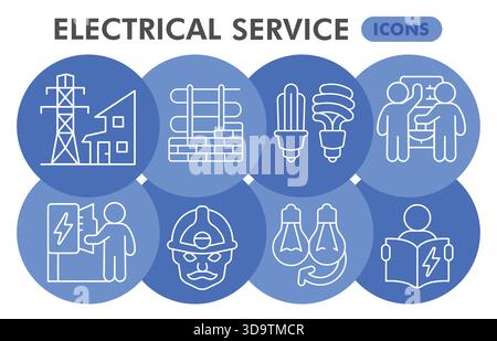 Electrical service symbols collection or sketches, electricity theme bubbles in thin line style signs for web and app. Vector graphics isolated on whi Stock Vector
