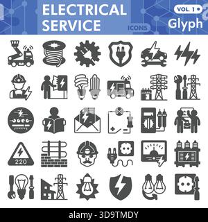 Electrical service symbols collection or sketches, electricity theme bar in glyph style signs for web and app. Vector graphics isolated on white backg Stock Vector