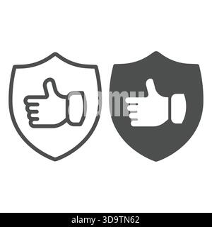Shield with thumb up hand line and solid icon, black friday concept. Vector graphics. Positive feedback emblem sign on white background, outline style Stock Vector