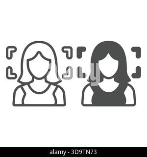 Assistant woman identity line and solid icon, neural network concept. Vector graphics. Person face recognition program, training sign on white backgro Stock Vector