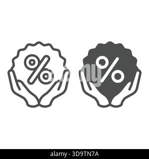 Hands and discount sticker line and solid icon, black friday concept. Vector graphics. Sticker with percentage and hands sign on white background, out Stock Vector